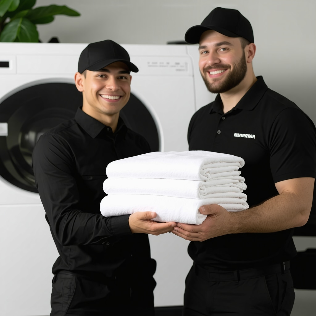 A Tampa laundry pickup professional collecting linens from a host with eco-friendly packaging.