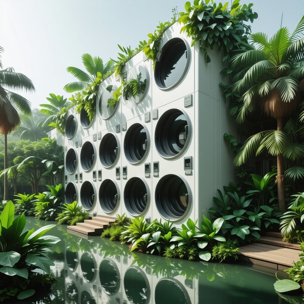 Modern eco-friendly laundry facility with ozone machines and electric vans in Tampa