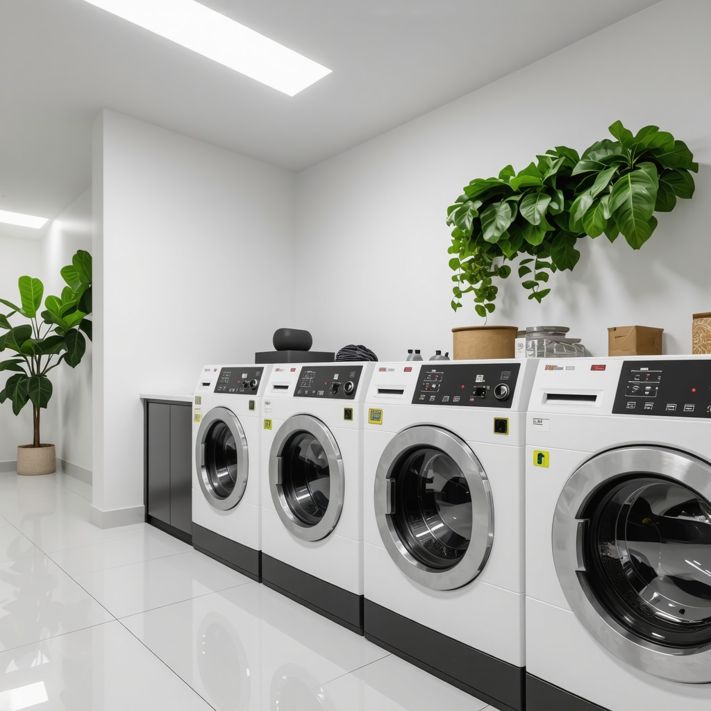 Eco-friendly laundry facilities with energy-saving appliances and biodegradable packaging.