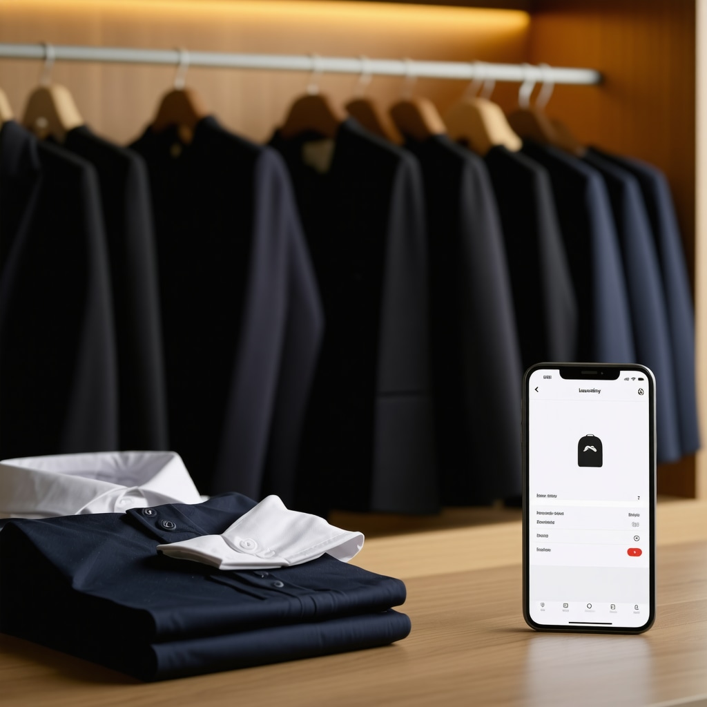 Professional wardrobe with freshly ironed suits and app interface for laundry pickup scheduling
