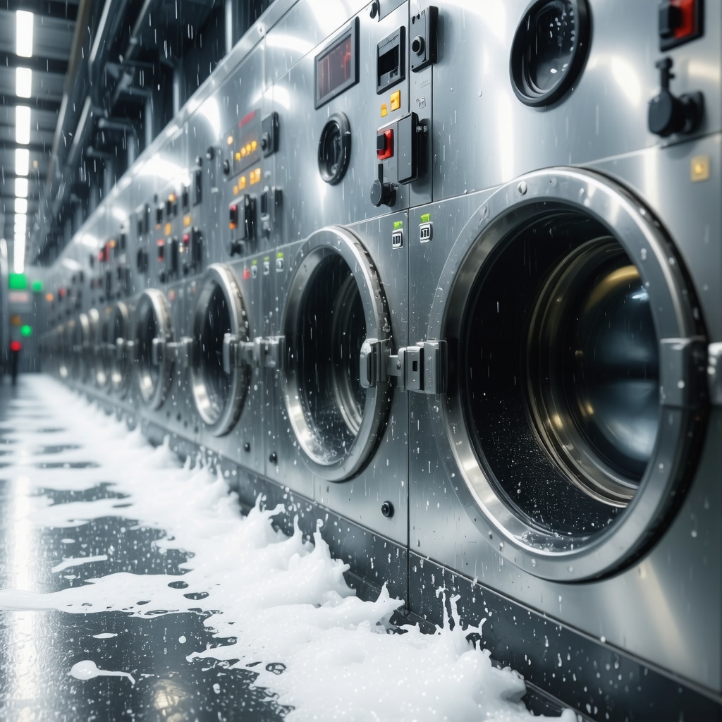 Modern ultrasonic cleaning equipment in a sustainable laundry facility, emphasizing waterless cleaning innovation.