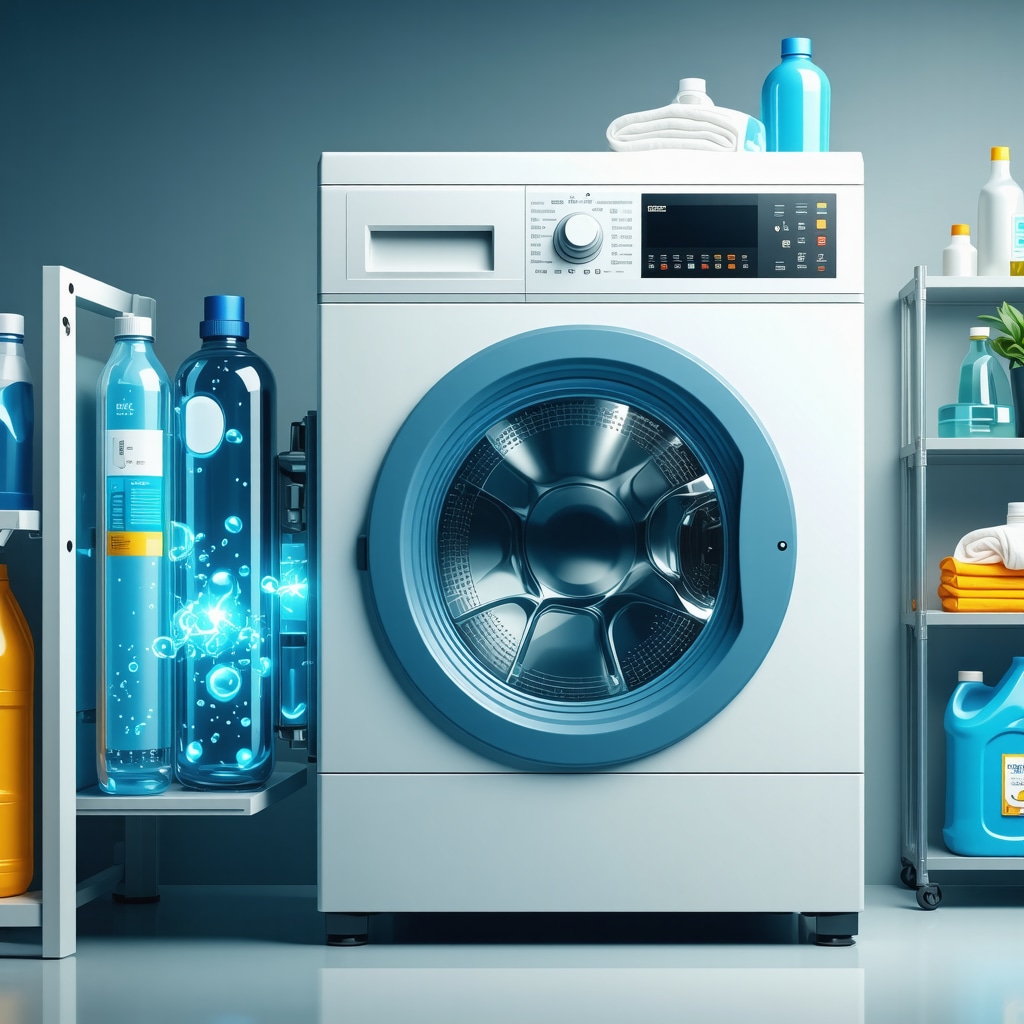 Infographic showing UV-C sterilization, ozone cleaning, eco-friendly detergents, and contactless laundry handling