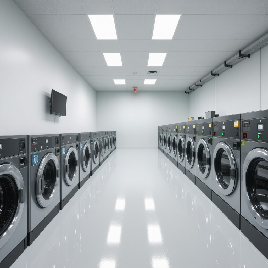 Modern laundry facility with eco-friendly ozone-based cleaning systems highlighting sustainability