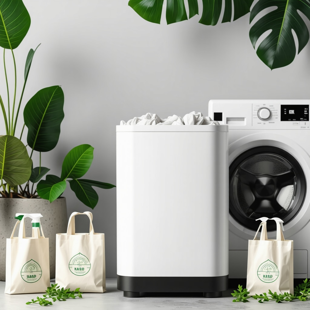 A modern contactless laundry pickup scene emphasizing eco-friendly practices.