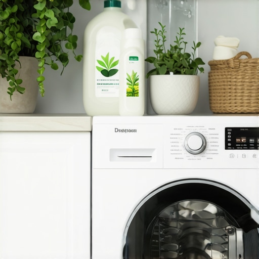 Modern laundry room with eco-friendly detergent bottles and green plants