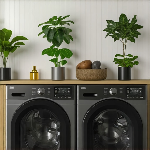 A contemporary laundry room featuring smart washing machines, green plants, and eco-friendly elements.