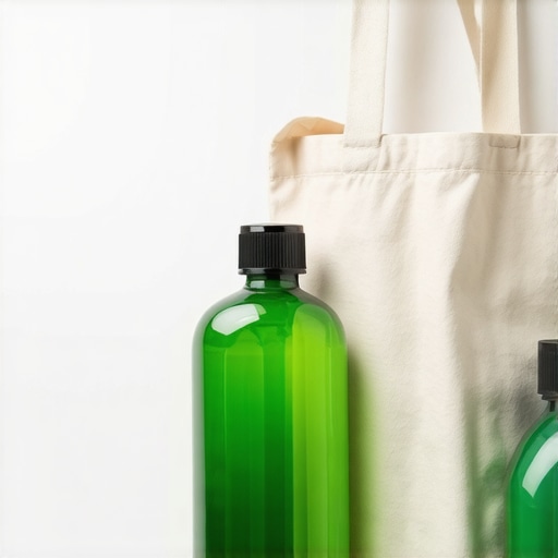 Reusable eco-friendly laundry bags with green detergent bottles