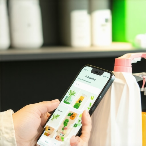 Person scheduling sustainable laundry pickup through a smartphone app, with reusable packaging and eco detergents in the background.