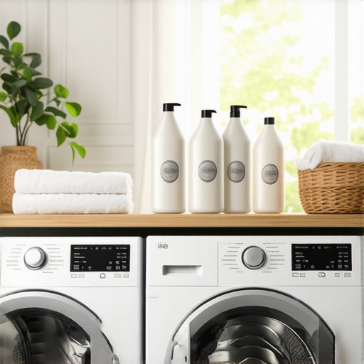 A bright laundry room with eco-friendly detergent bottles and soft fabrics, highlighting gentle laundry practices for sensitive skin.