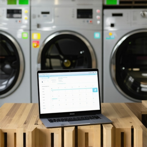 Remote worker scheduling laundry pickup using a laptop with clean laundry in the background