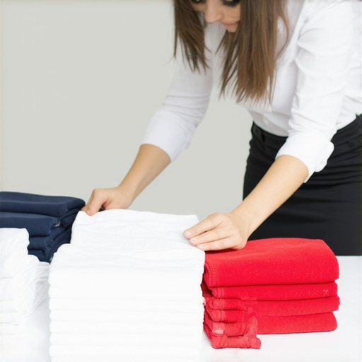 Professional demonstrating folded laundry techniques with organized clothes