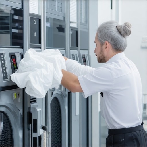 Technician carefully handling delicate clothes in a clean laundry facility.