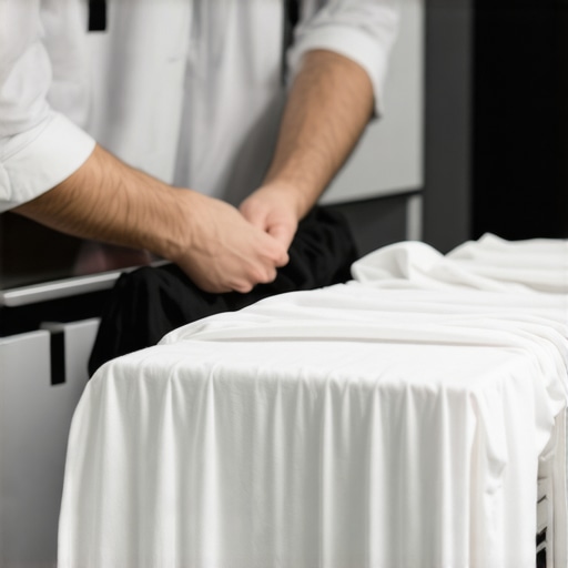Hands carefully folding clothes with expert techniques in a bright laundry room.