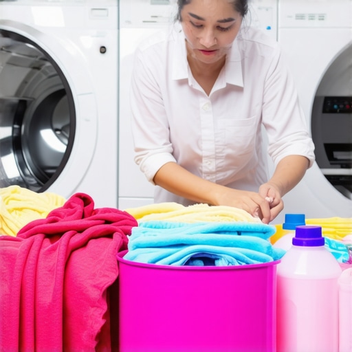 Laundry technician sorting clothes with eco-friendly detergents in a professional setting
