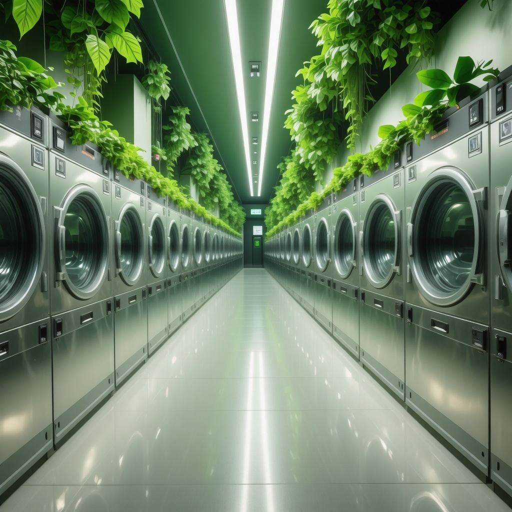 A modern, eco-conscious laundry facility utilizing green technologies and sustainable practices.