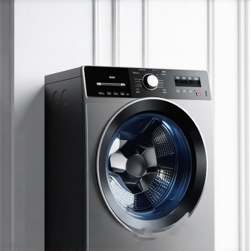 Futuristic eco-conscious laundry room with AI-enabled washing machines and sustainable design elements.