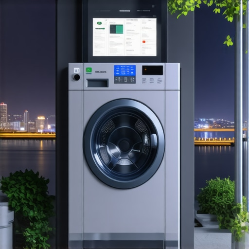 Smart laundry pickup station with digital interface and eco-friendly design at night