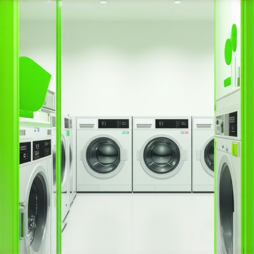 Futuristic laundry facility showcasing green tech, smart machines, and biodegradable packaging.