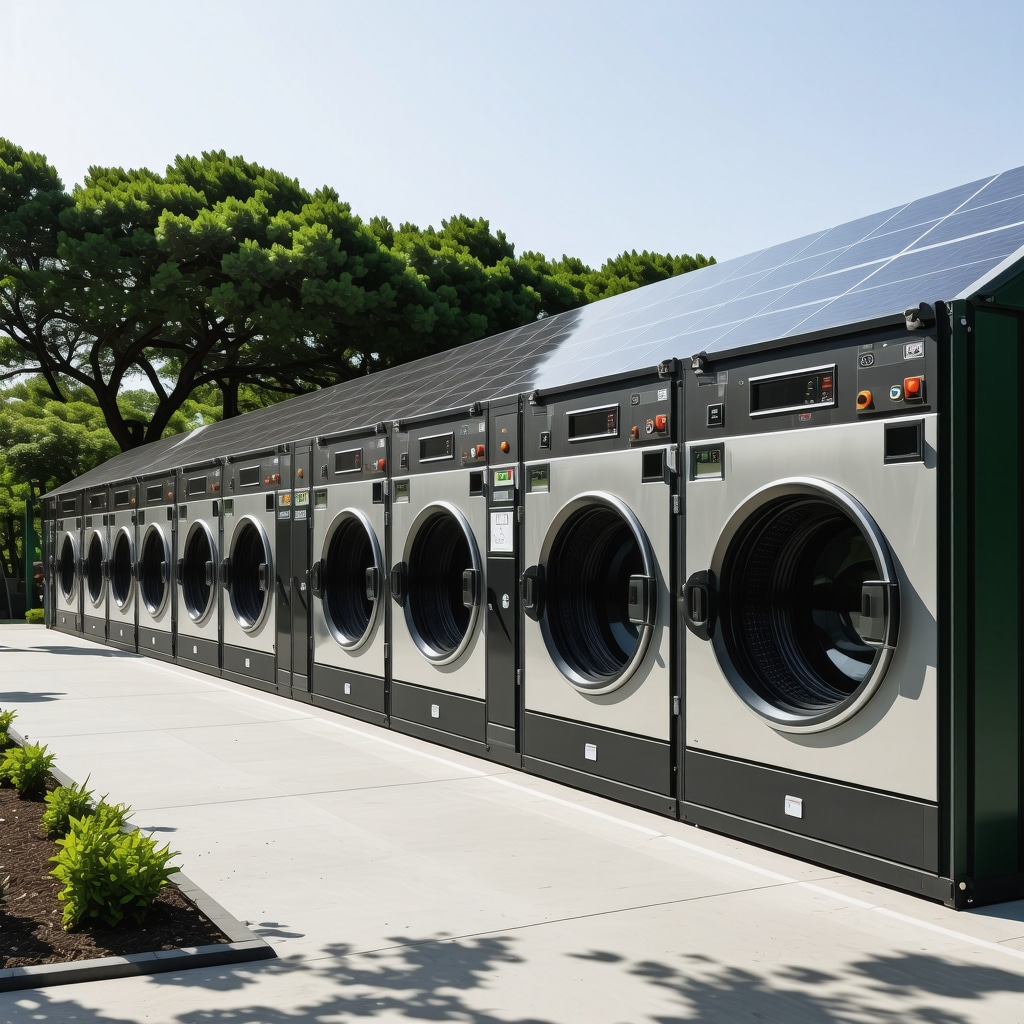 A modern Odessa laundry facility featuring solar panels and ultrasonic washing machines, highlighting sustainable technology