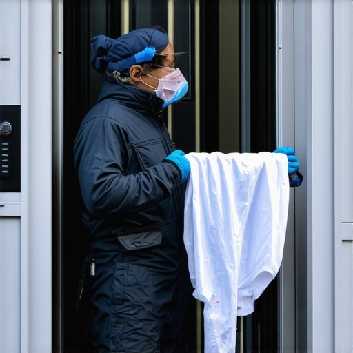 Laundry technician in protective gear collecting laundry at Odessa home