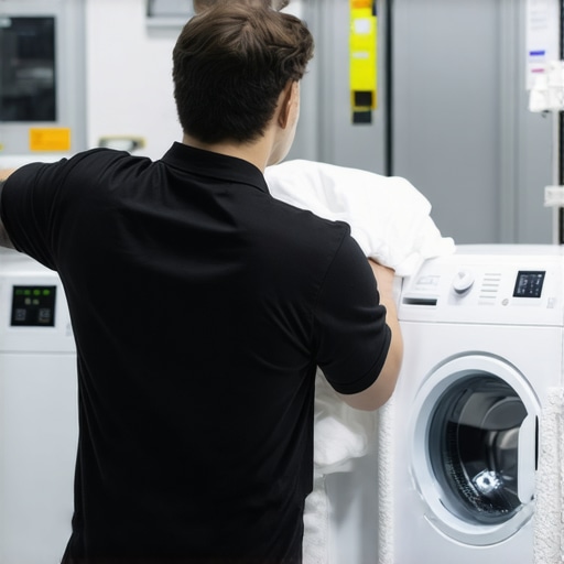Laundry technician carefully managing delicate fabrics in eco-friendly laundry setting