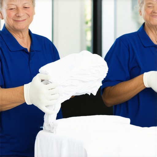 Laundry staff carefully handling delicate fabrics with eco-friendly products for seniors