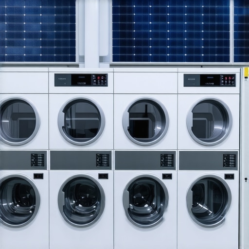 High-tech laundry room with sensors and solar panels highlighting sustainable innovations