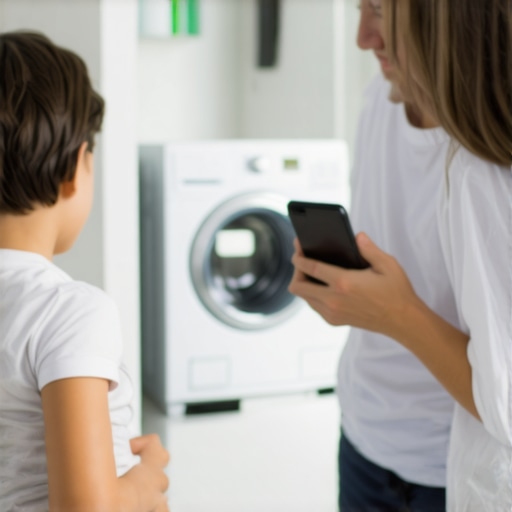 Family using smartphone app to schedule laundry pickup in modern home