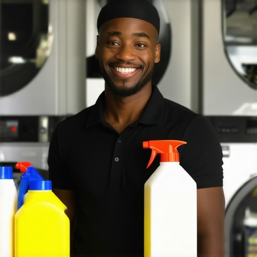 A Tampa laundry technician smiling with eco-friendly cleaning supplies in a modern laundry facility.