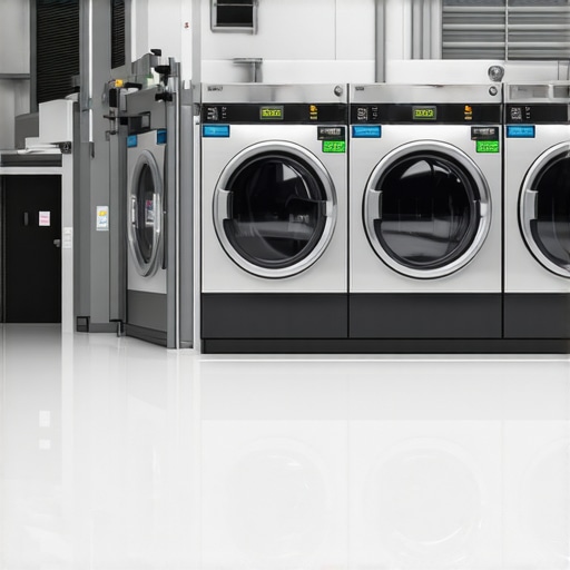Smart laundry machines with IoT and AI technology in a professional laundry facility.