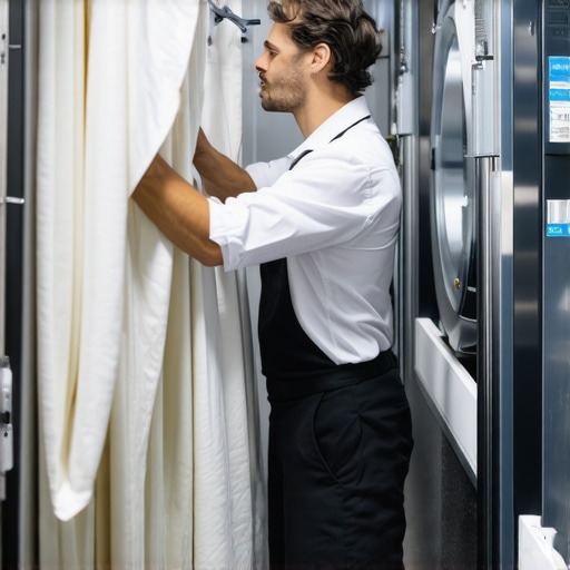 Laundry technician handling delicate fabrics with care in a modern facility.