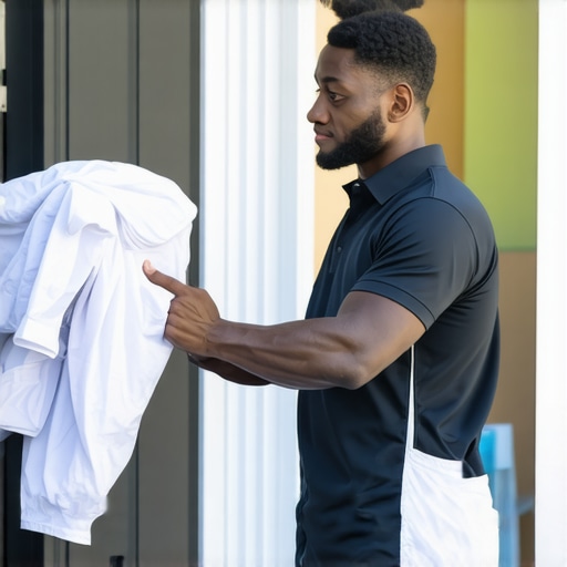 Courier performing contactless laundry pickup in Tampa with eco-friendly packaging.