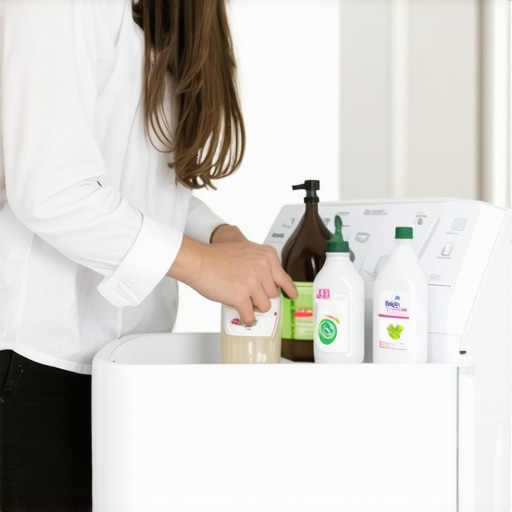 Person sorting eco-friendly laundry detergents with natural ingredients in a bright laundry room.