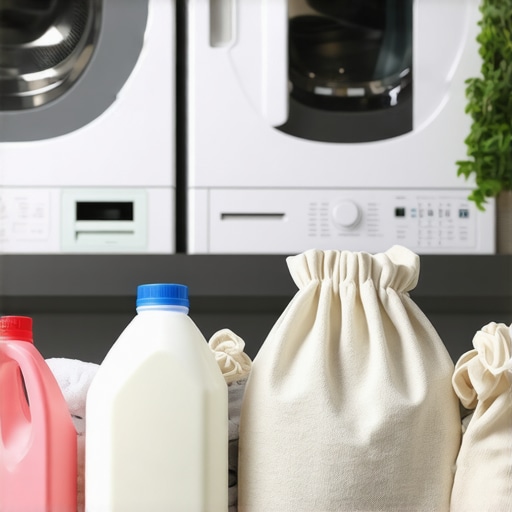 Eco-friendly laundry detergents and reusable bags in a bright laundry room