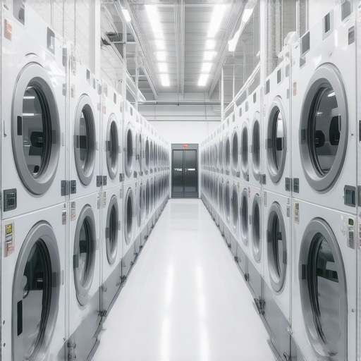 Futuristic laundry facility with eco-friendly equipment and real-time tracking systems