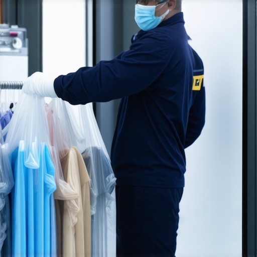 Hygienic Contactless Laundry Pickup in Tampa A professional handling laundry in sealed bags with PPE, illustrating advanced safety protocols.