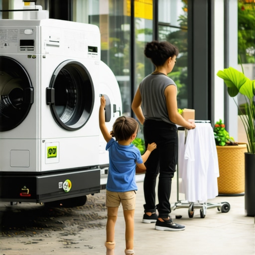 A contactless laundry pickup process featuring eco-friendly branding, smart devices, and a happy family