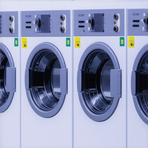 Futuristic laundry room with smart appliances and sustainable features.