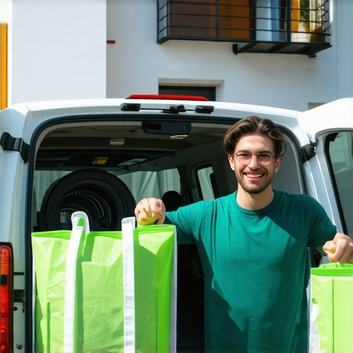 Eco-friendly laundry pickup van and staff with biodegradable bags outside Odessa vacation rental