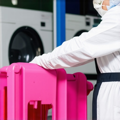Laundry technician in protective gear with clothes in contactless pickup process
