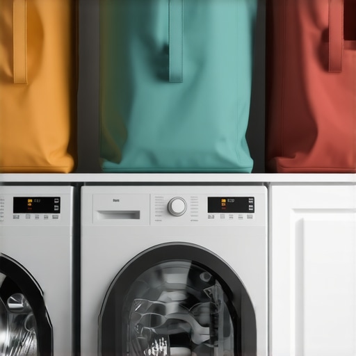 Reusable laundry bags and energy-efficient washing machines in a clean, modern laundry room