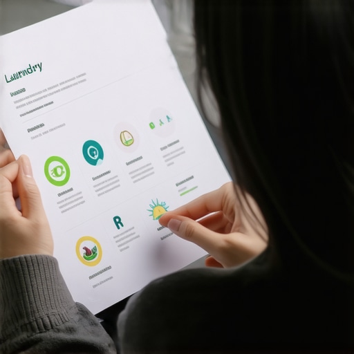 Person examining sustainability metrics of laundry service with eco symbols.