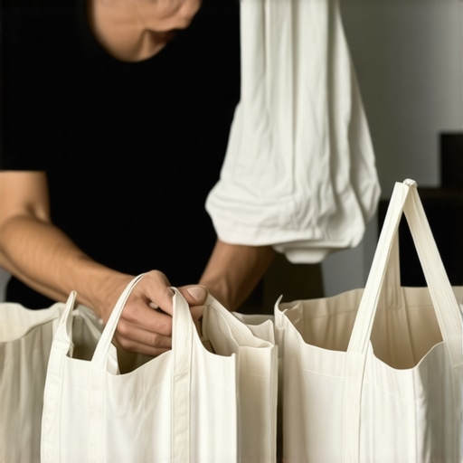 Organized Laundry Sorting for Pickup Person sorting laundry into labeled reusable bags for delivery service.