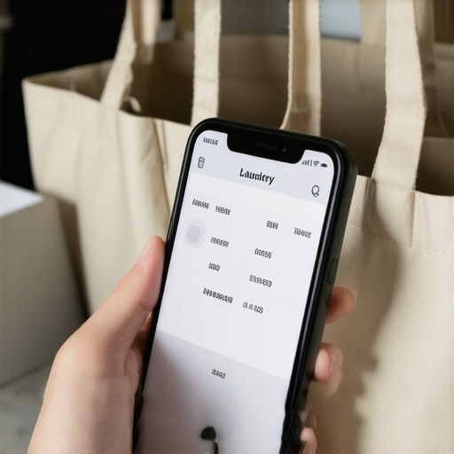 Person using laundry pickup app with reusable laundry bags on table.