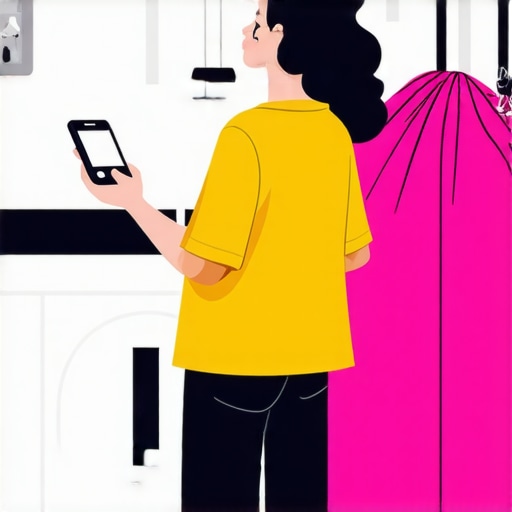 Person scheduling laundry pickup on smartphone with reusable laundry bags nearby