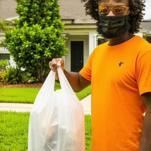 Delivery person with eco-friendly laundry bags performing contactless pickup at Tampa Heights home.