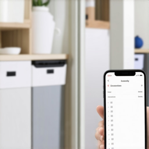 A laundry room with labeled baskets and a smartphone screen displaying a laundry scheduling app.