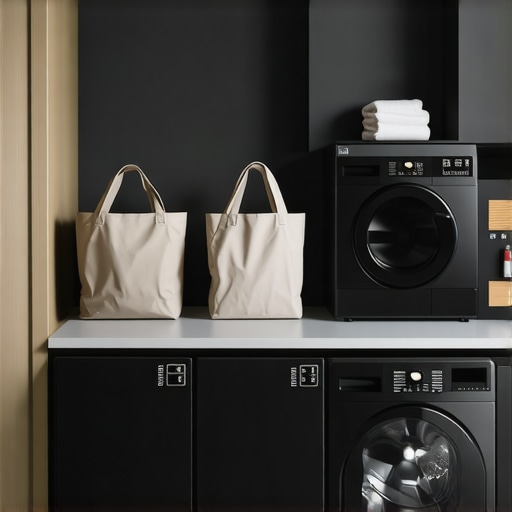 A clean and organized laundry room featuring smart washing machines, reusable eco-friendly laundry bags, and a digital scheduling interface.
