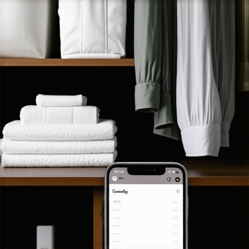 Laundry tools and tech setup for busy professionals Organized laundry space with folding tools, reusable bags, and a smartphone showing scheduling app.