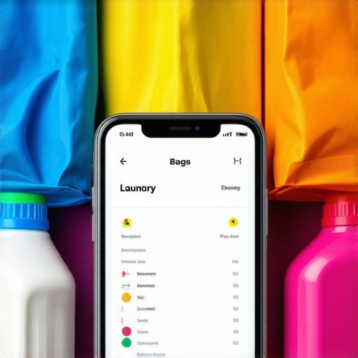 Close-up of a smartphone app showing laundry pickup scheduling with eco-friendly reusable bags and detergent options